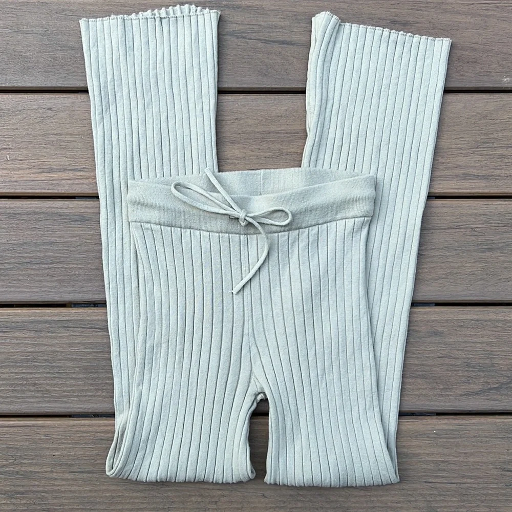 Beige Light Sage Ribbed Knit Lounge Pants Wide Waistband Flare Cozy Minimal - Picture 3 of 10